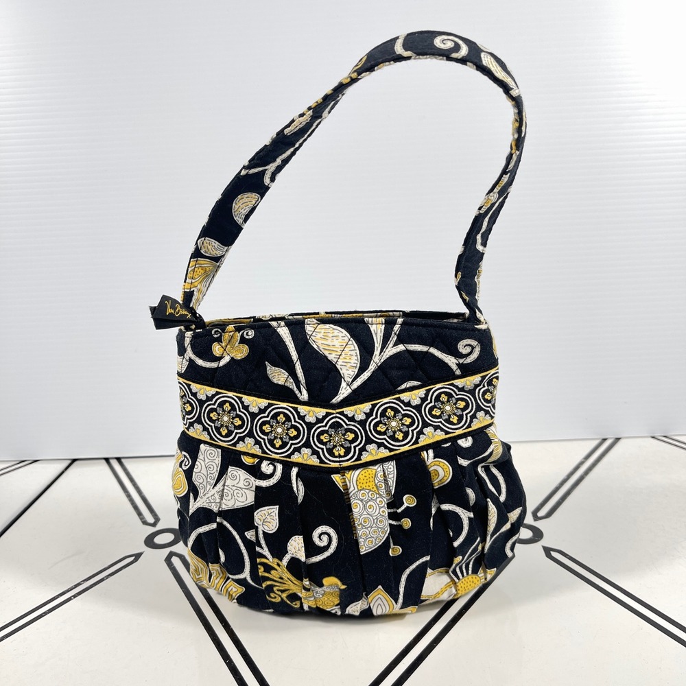 Vera Bradley Night Owl Pleated Hobo Shoulder Bag Black Yellow Quilted‎ Floral